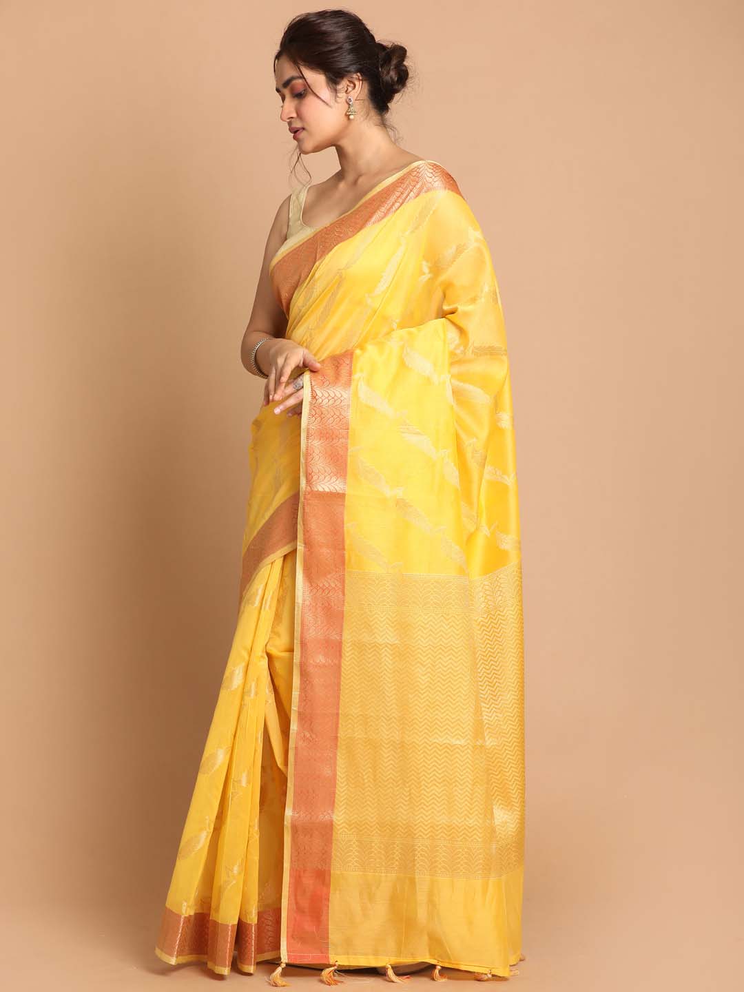 Indethnic Banarasi Yellow Woven Design Party Wear Saree - View 2