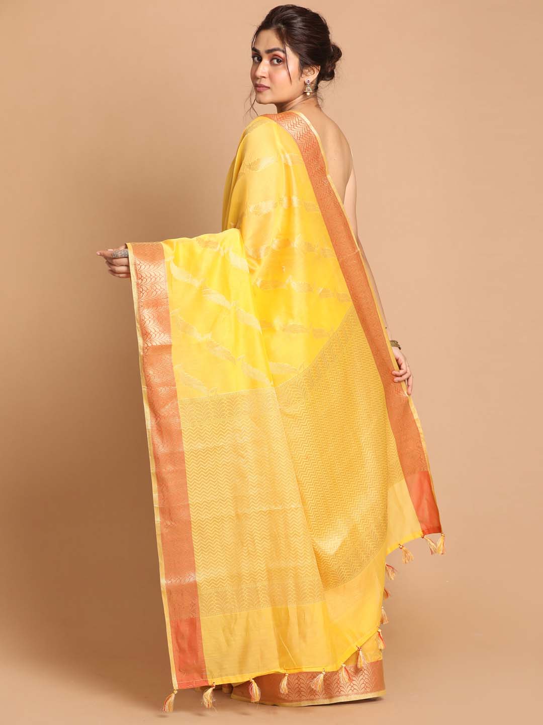 Indethnic Banarasi Yellow Woven Design Party Wear Saree - View 3