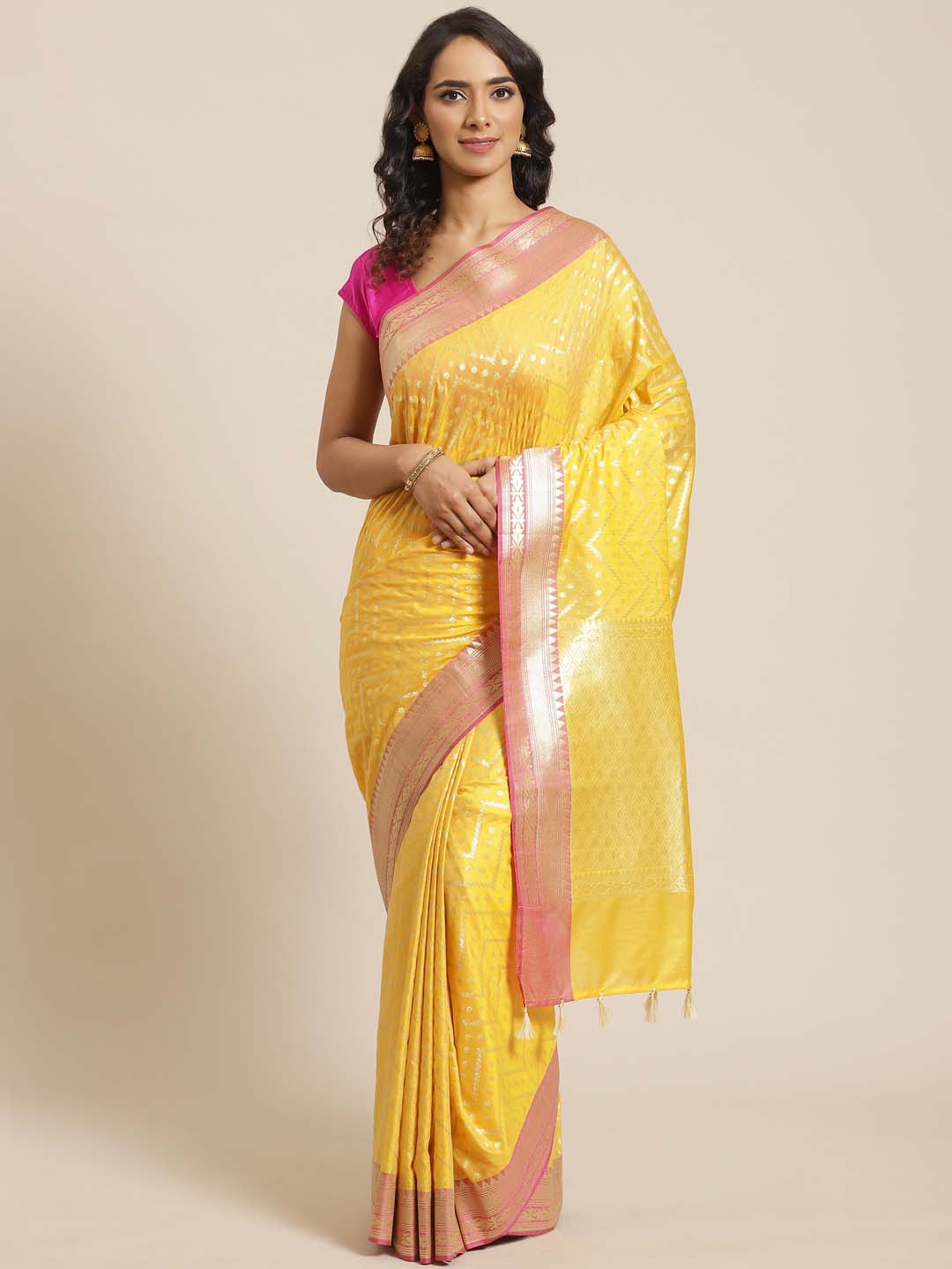 Indethnic Banarasi Yellow Woven Design Party Wear Saree - View 1