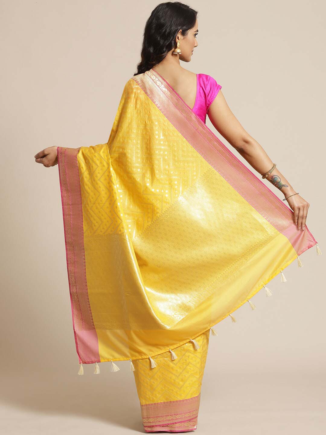 Indethnic Banarasi Yellow Woven Design Party Wear Saree - View 2