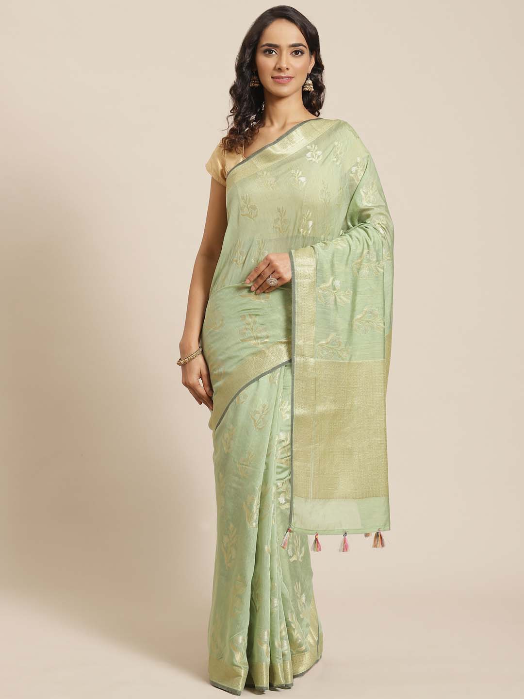 Indethnic Banarasi Bottle Green Woven Design Daily Wear Saree - View 1