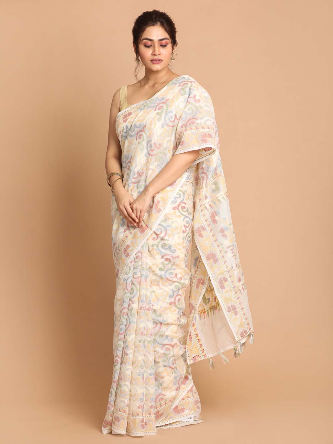 Indethnic Banarasi White Woven Design Daily Wear Saree - View 2