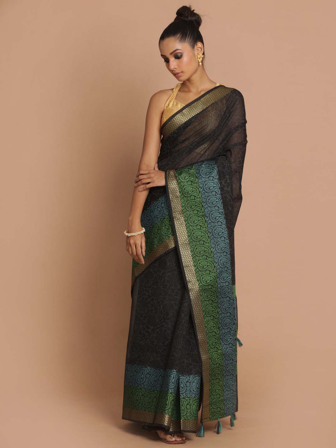 Indethnic Banarasi Black Printed Daily Wear Saree - View 1