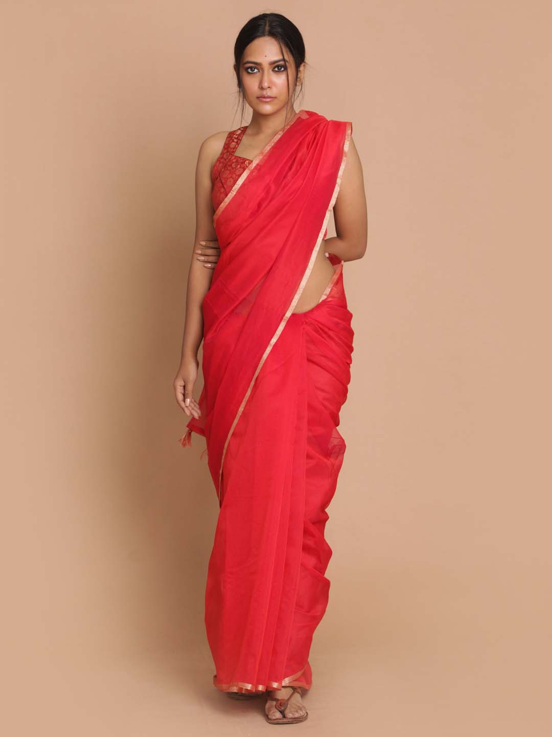 Indethnic Banarasi Red Solid Daily Wear Saree - View 1