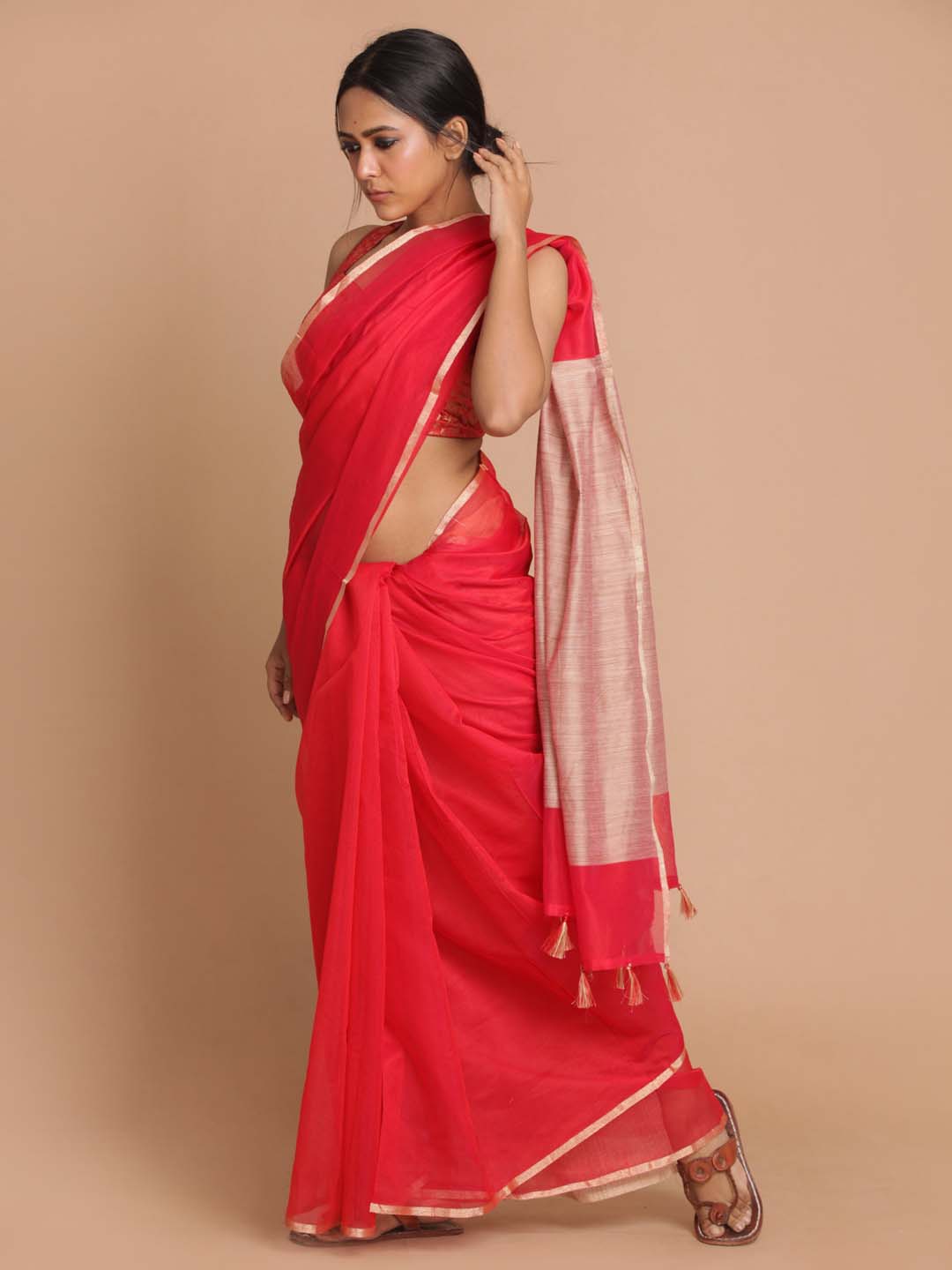 Indethnic Banarasi Red Solid Daily Wear Saree - View 2