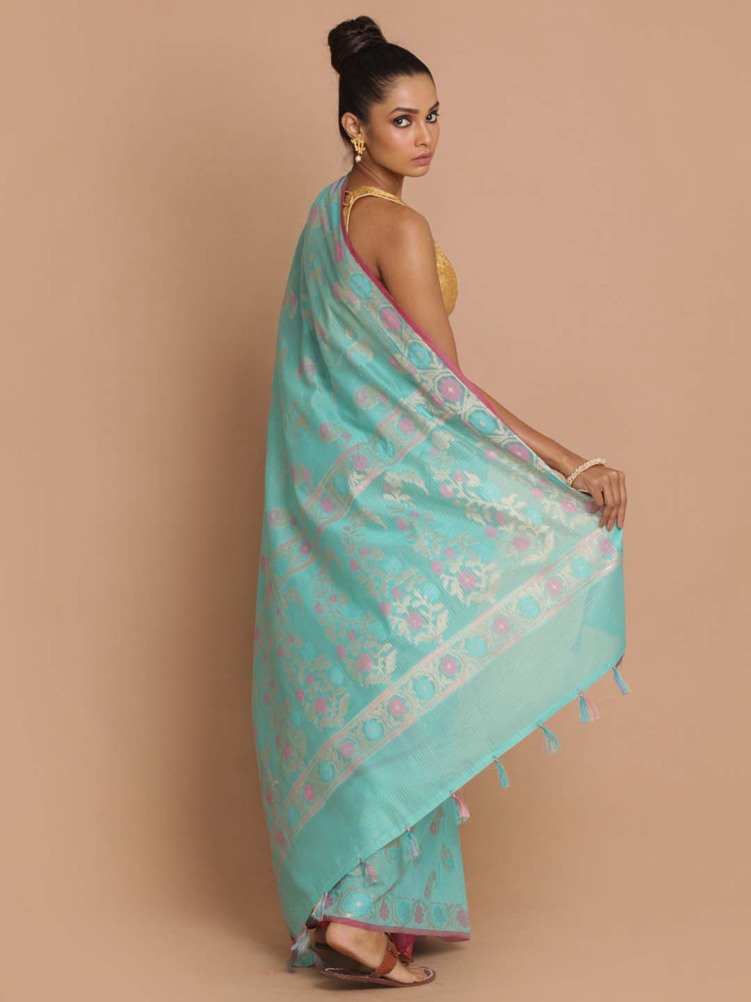 Indethnic Banarasi Blue Woven Design Party Wear Saree - View 3