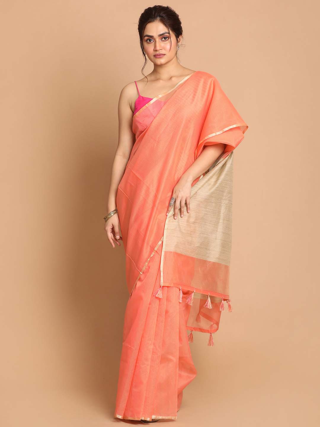 Indethnic Banarasi Coral Solid Daily Wear Saree - View 1