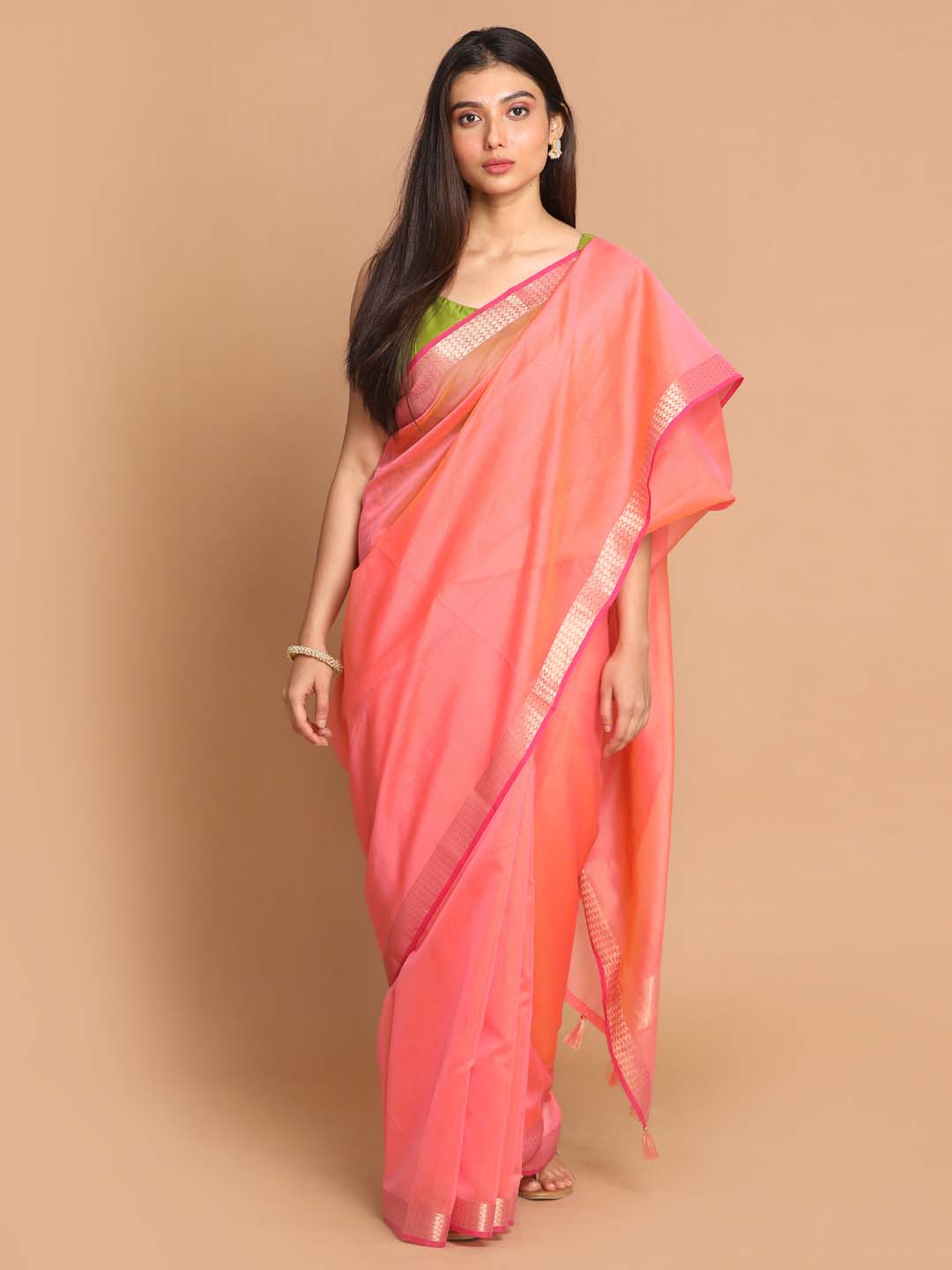 Indethnic Banarasi Coral Solid Daily Wear Saree - View 1