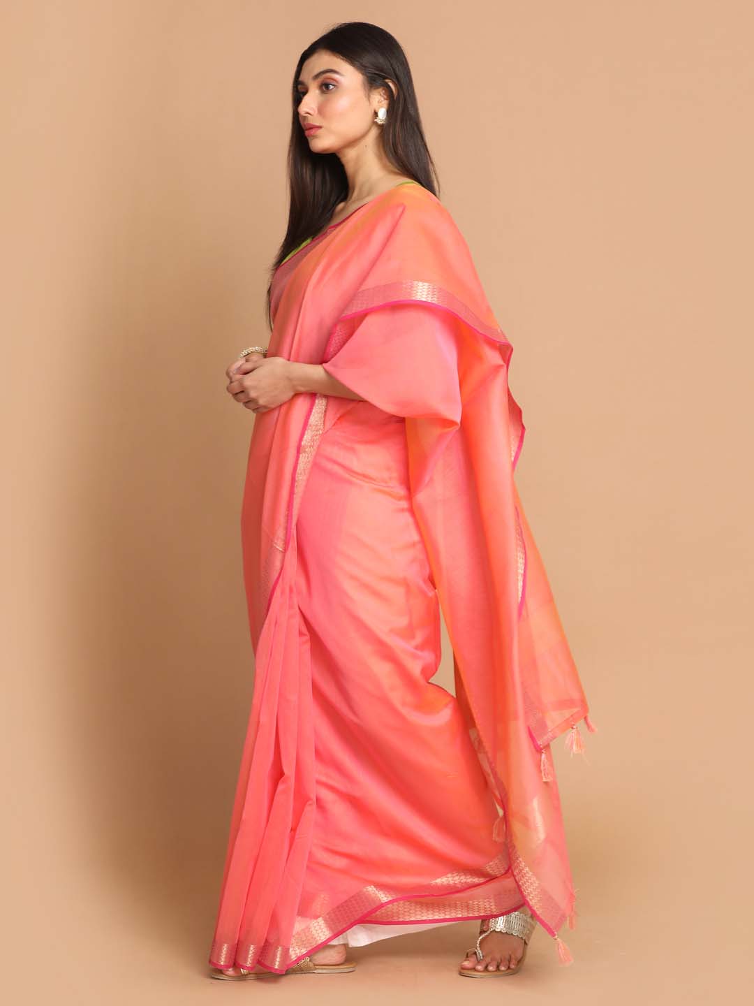 Indethnic Banarasi Coral Solid Daily Wear Saree - View 2