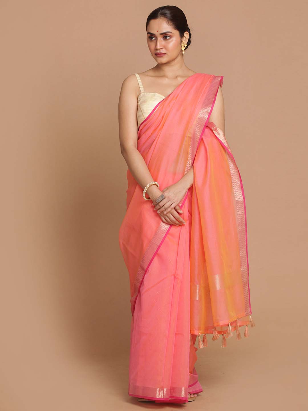 Indethnic Banarasi Coral Solid Daily Wear Saree - View 1