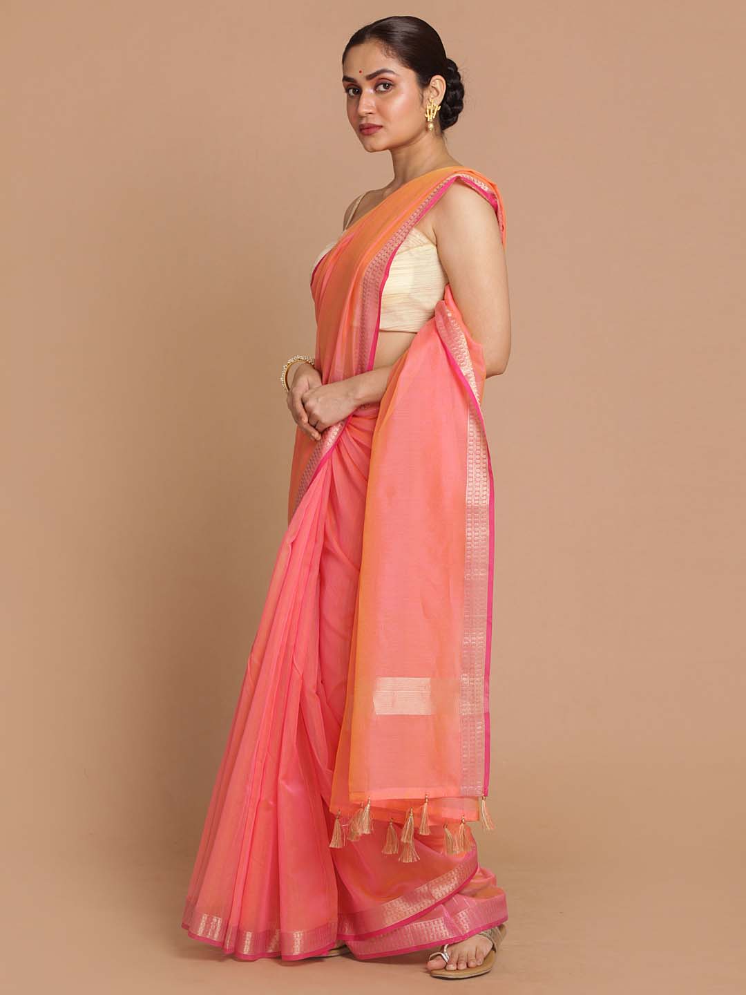 Indethnic Banarasi Coral Solid Daily Wear Saree - View 2