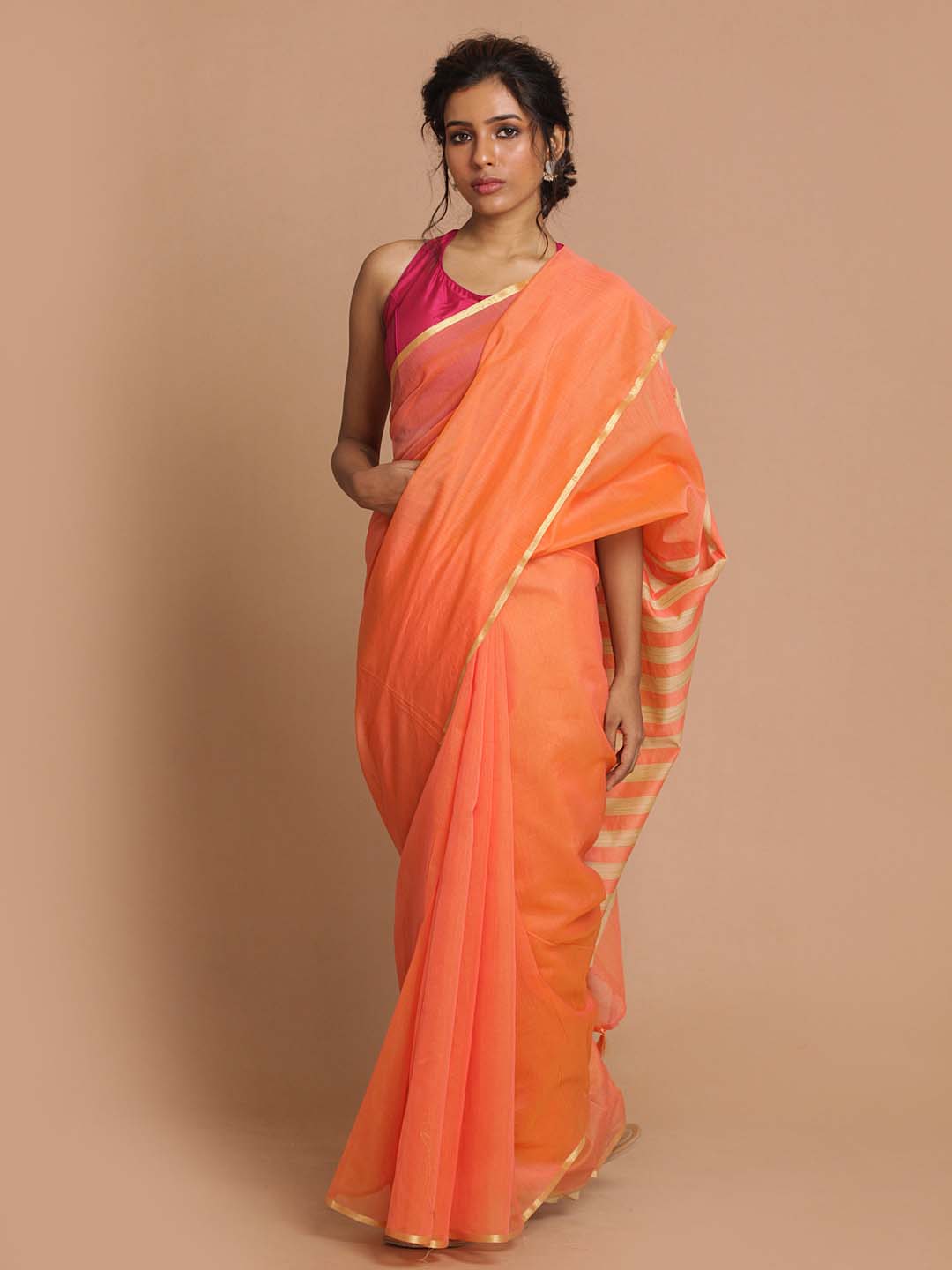 Indethnic Banarasi Coral Solid Daily Wear Saree - View 1