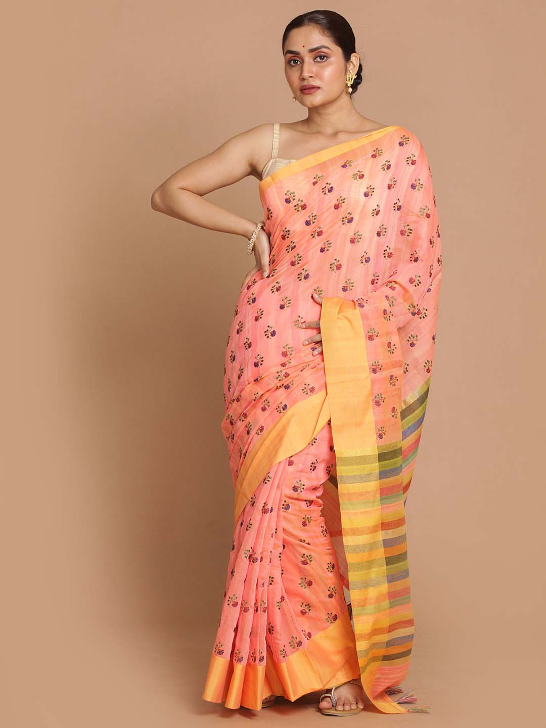 Indethnic Banarasi Coral Embroidered Daily Wear Saree - View 1