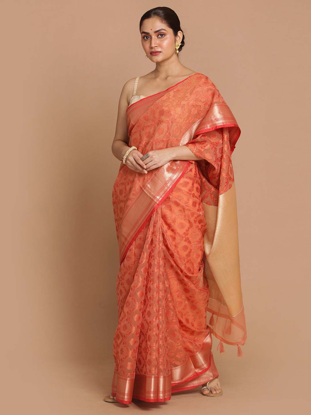 Indethnic Banarasi Coral Woven Design Party Wear Saree - View 1