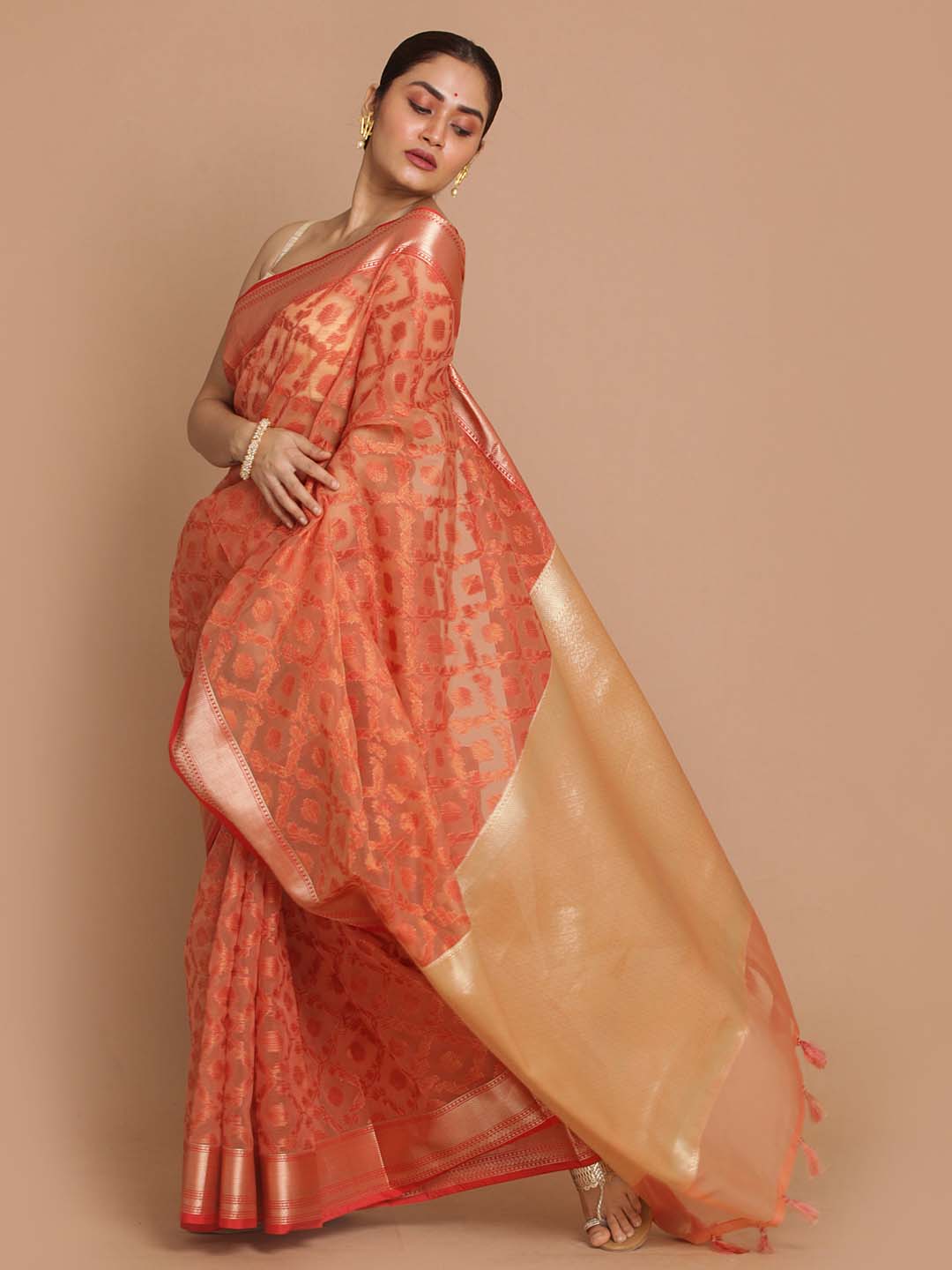 Indethnic Banarasi Coral Woven Design Party Wear Saree - View 2