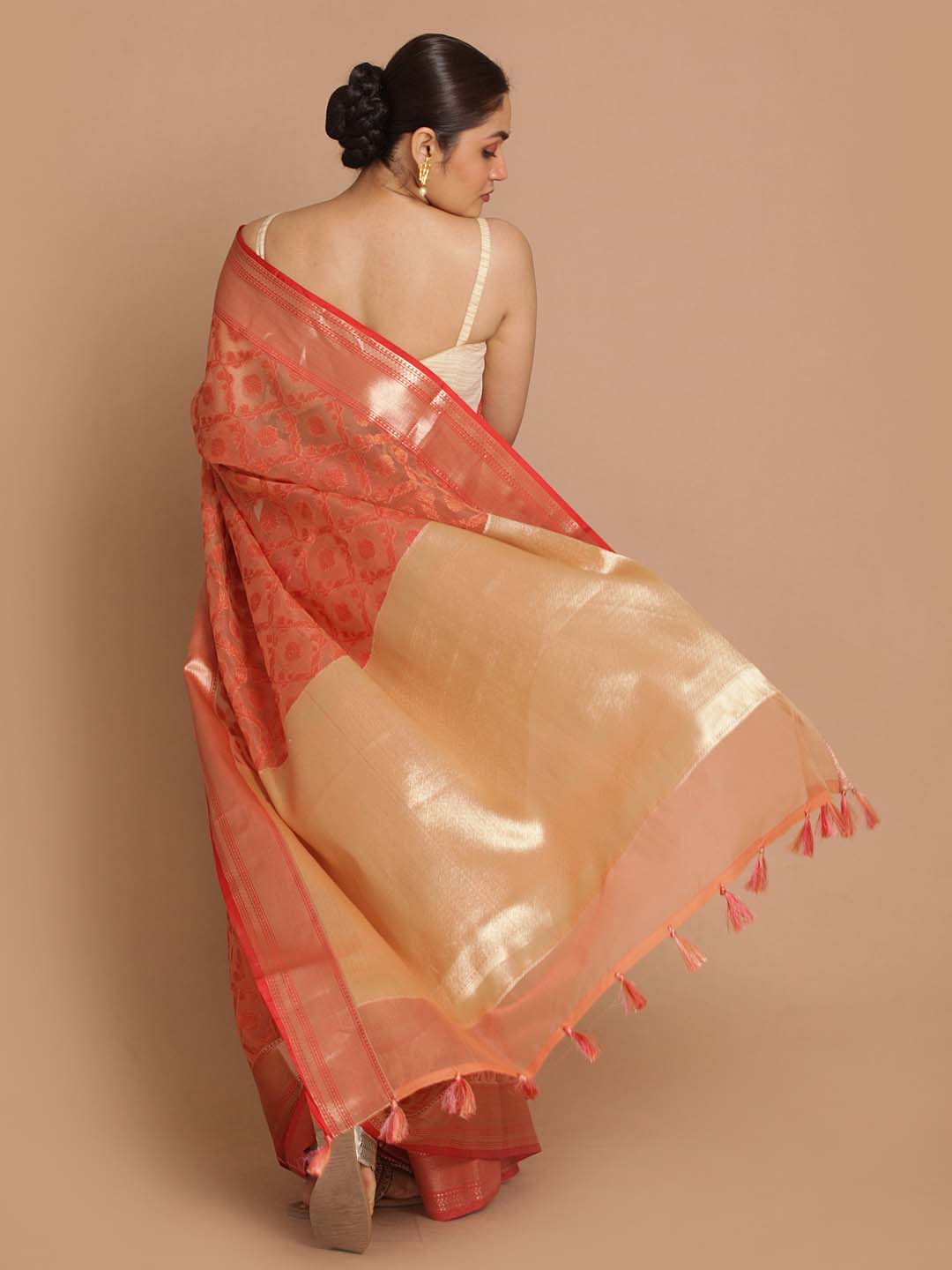 Indethnic Banarasi Coral Woven Design Party Wear Saree - View 3