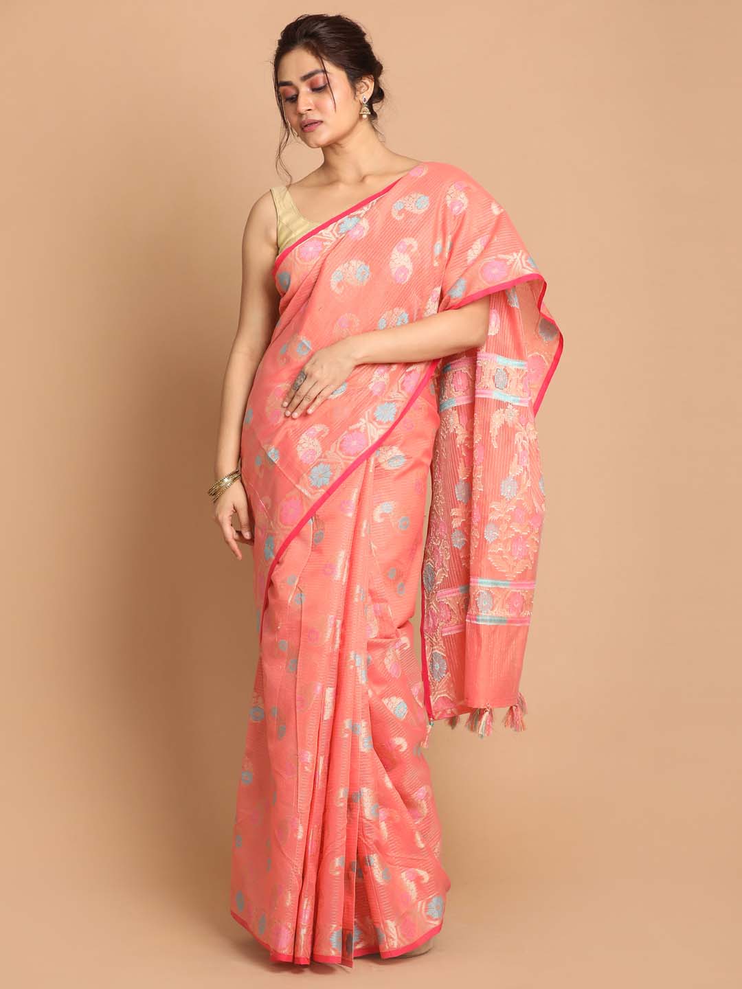 Indethnic Banarasi Coral Woven Design Party Wear Saree - View 1