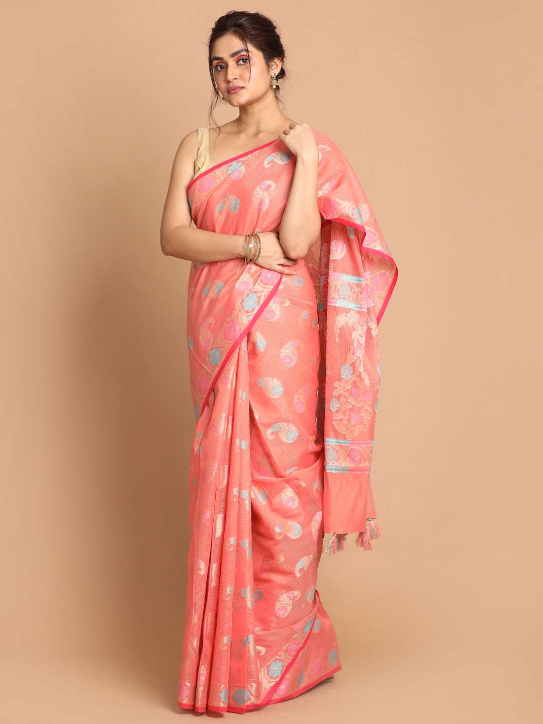 Indethnic Banarasi Coral Woven Design Party Wear Saree - View 2