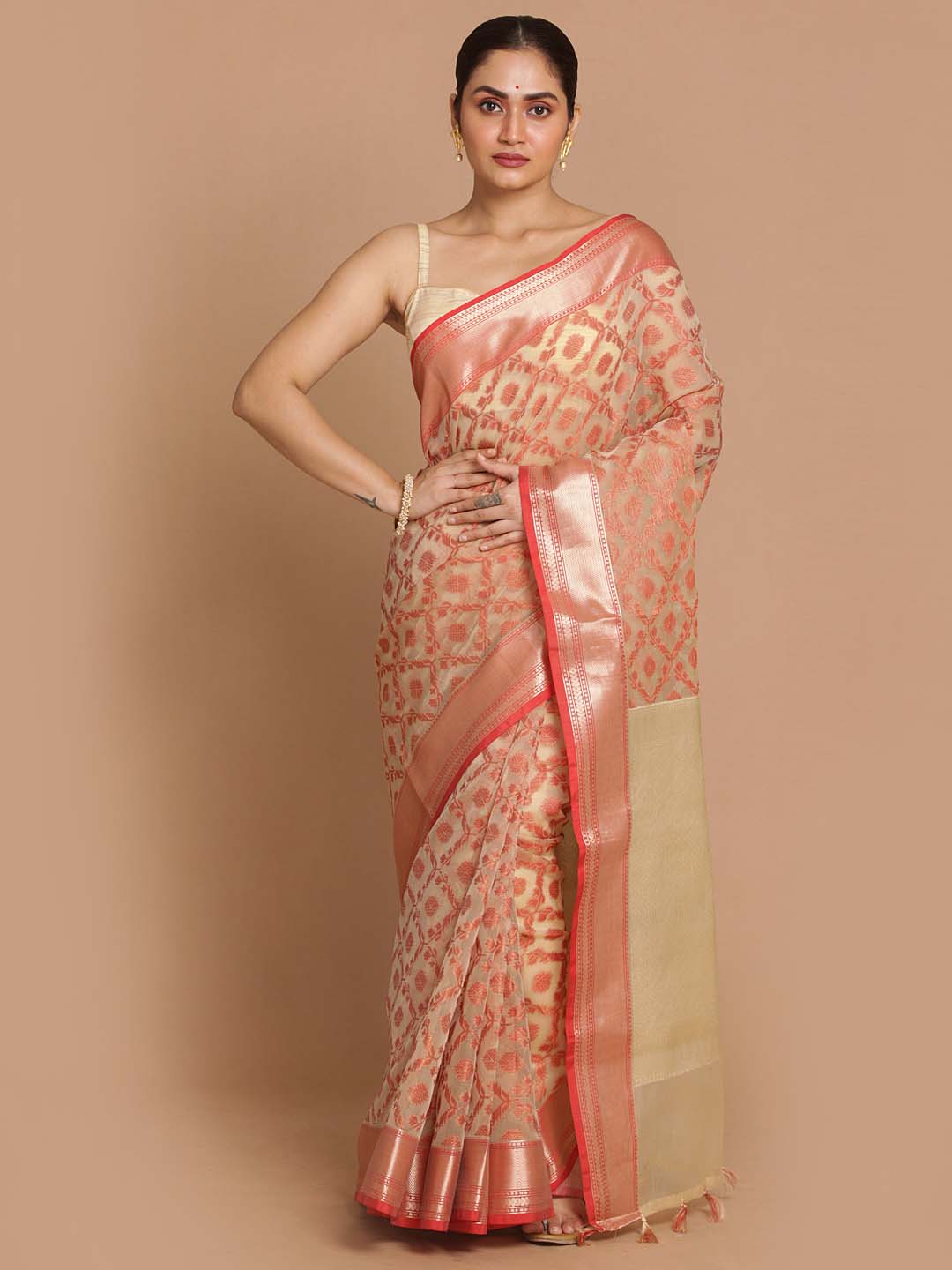 Indethnic Banarasi Cream Woven Design Party Wear Saree - View 1