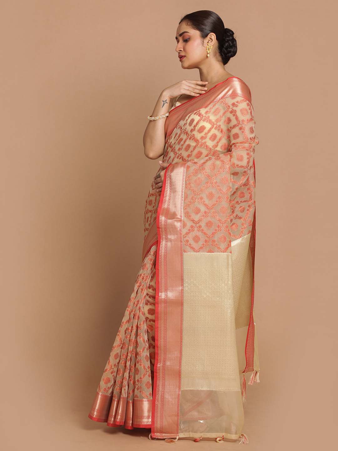 Indethnic Banarasi Cream Woven Design Party Wear Saree - View 2