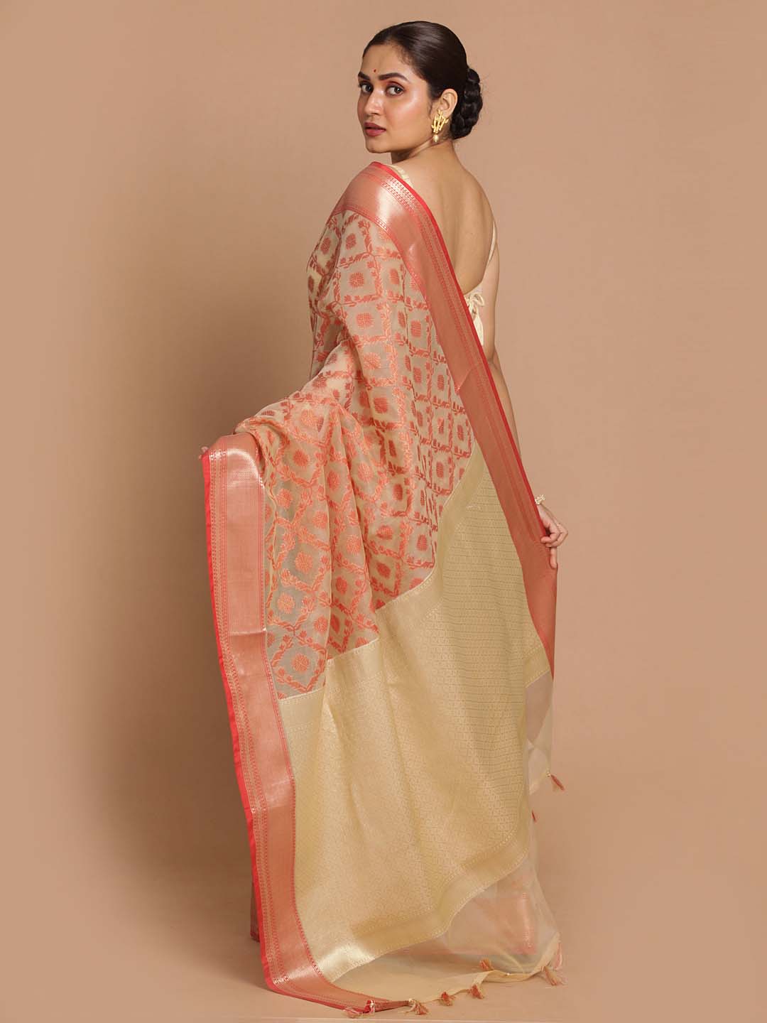Indethnic Banarasi Cream Woven Design Party Wear Saree - View 3