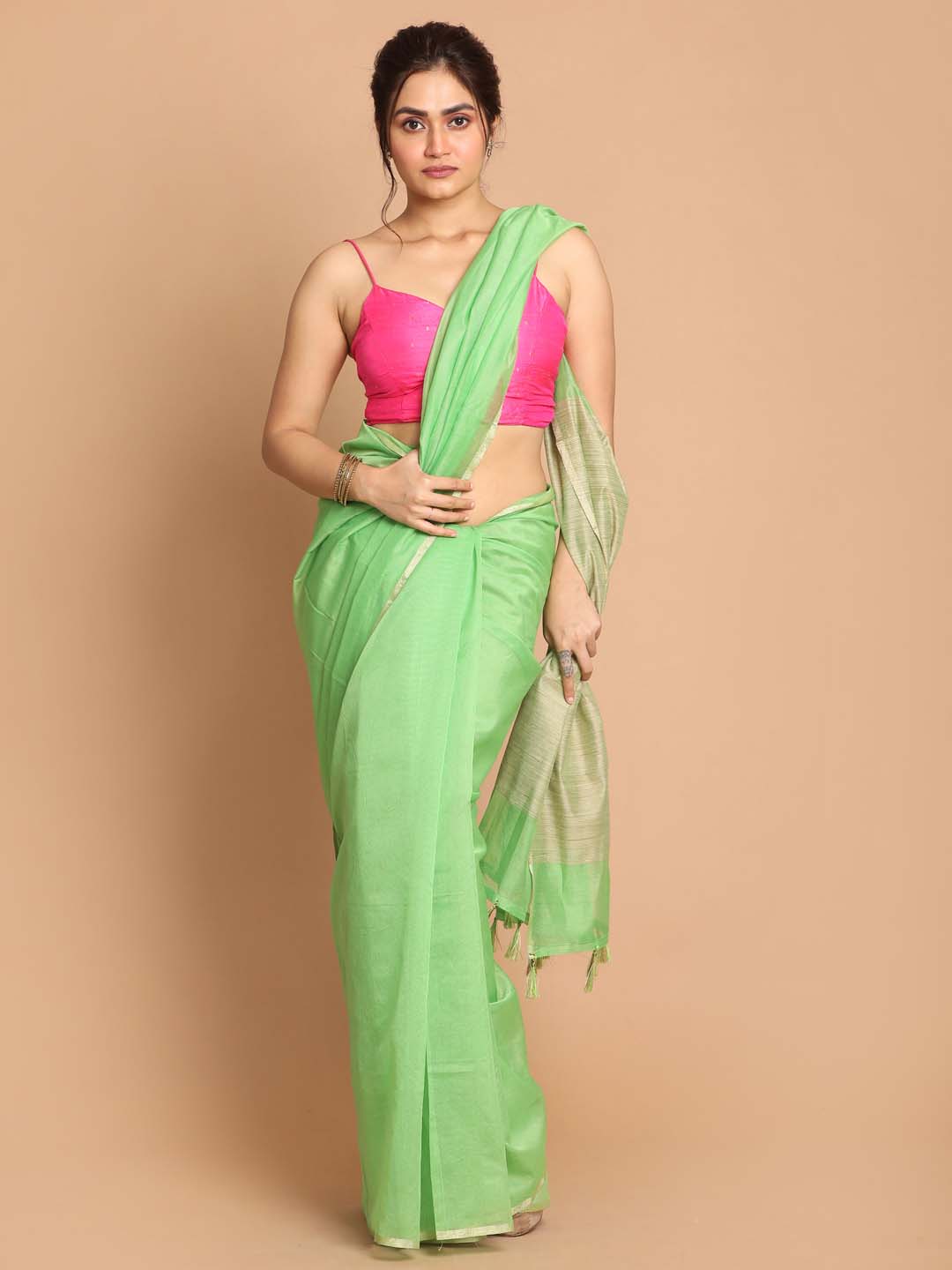 Indethnic Banarasi Green Solid Daily Wear Saree - View 1