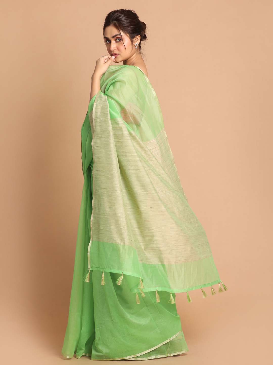 Indethnic Banarasi Green Solid Daily Wear Saree - View 3