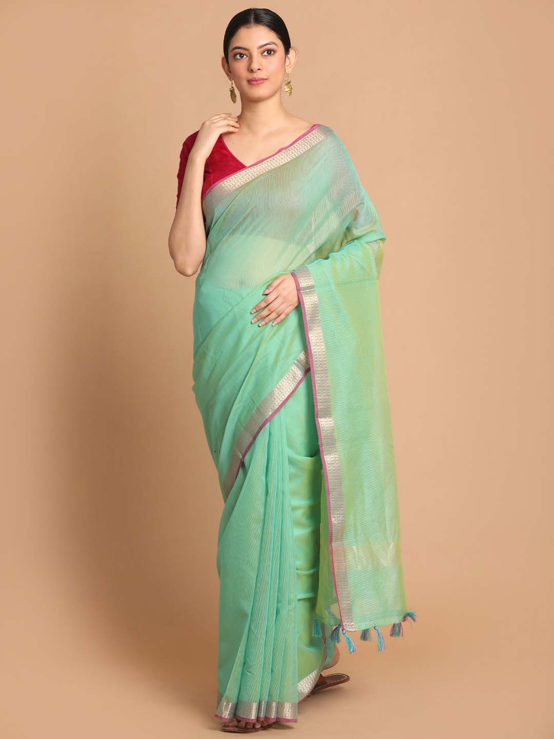 Indethnic Banarasi Green Solid Daily Wear Saree - View 1