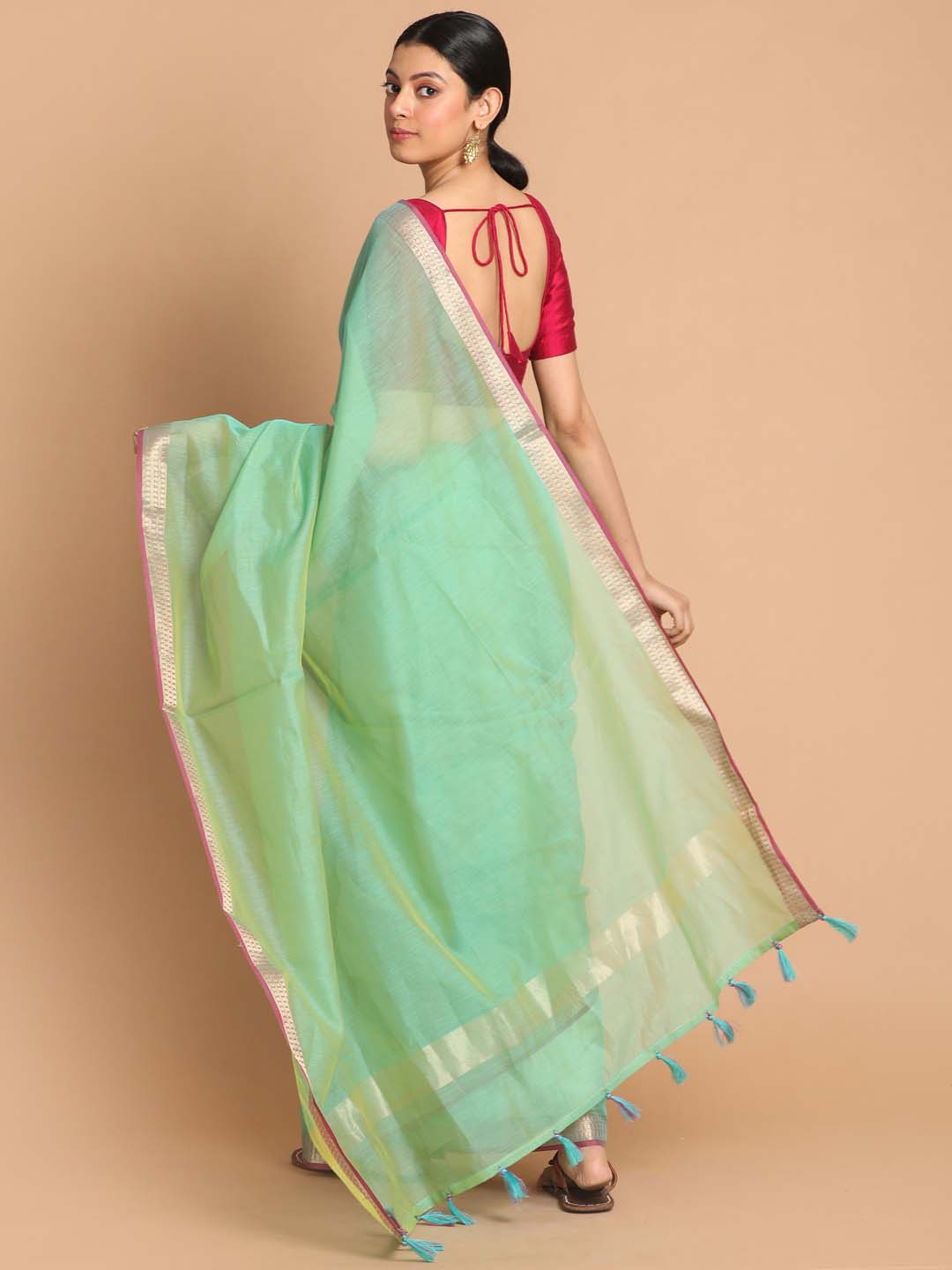 Indethnic Banarasi Green Solid Daily Wear Saree - View 3