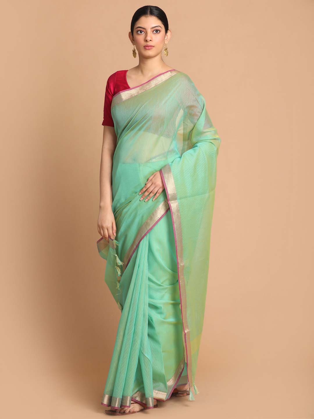 Indethnic Banarasi Green Solid Daily Wear Saree - View 1