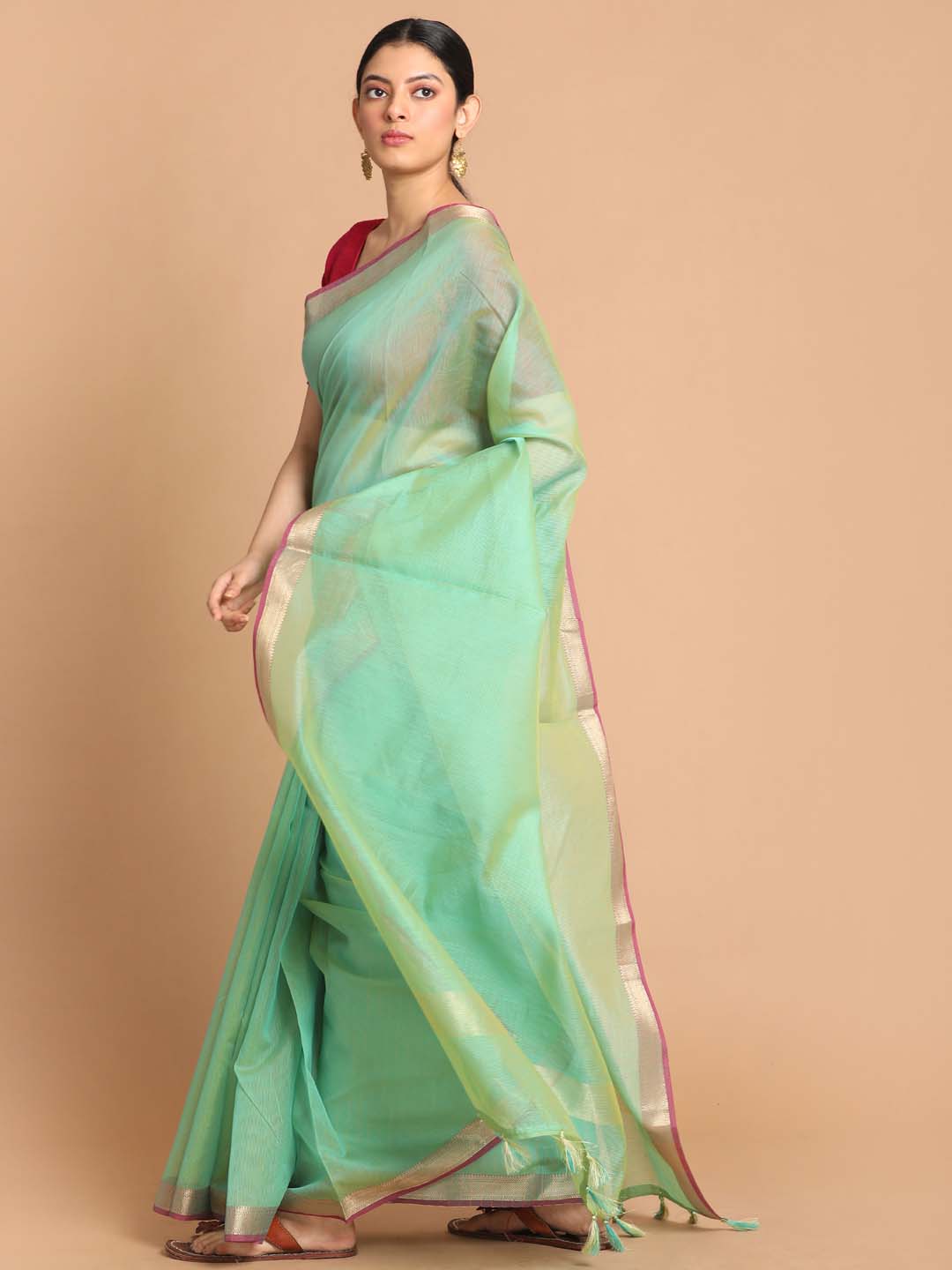 Indethnic Banarasi Green Solid Daily Wear Saree - View 2