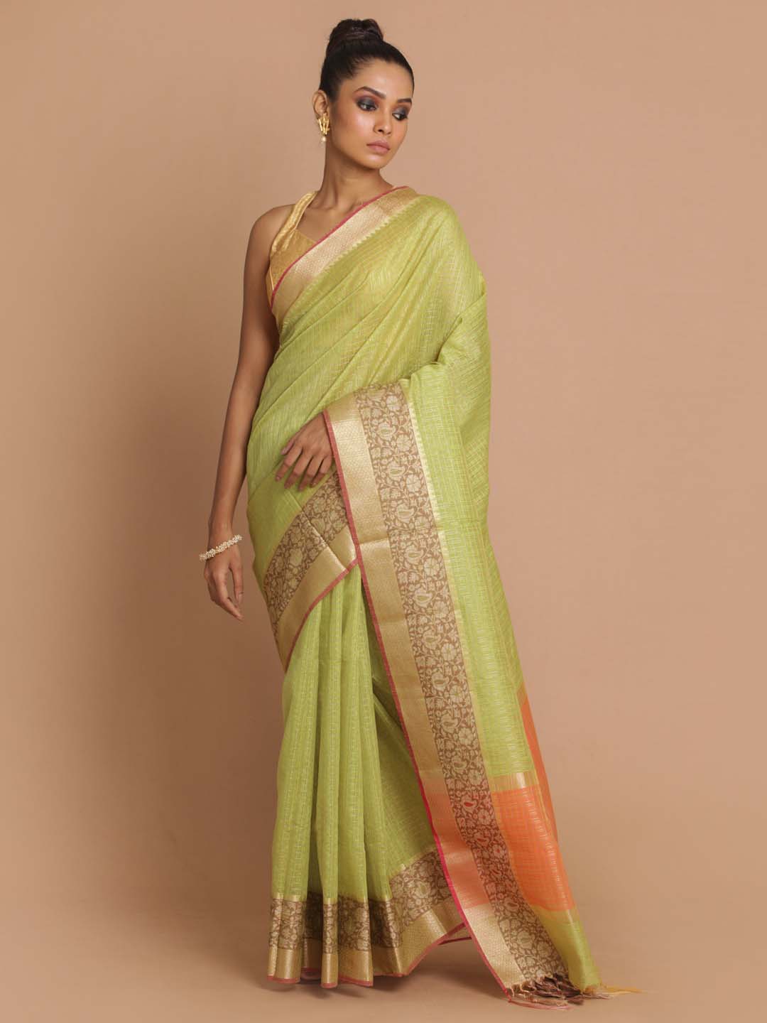 Indethnic Banarasi Green Checked Daily Wear Saree - View 1