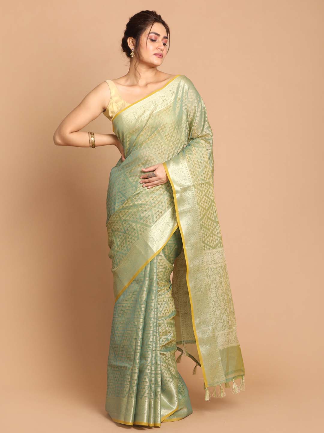 Indethnic Banarasi Green Woven Design Daily Wear Saree - View 1