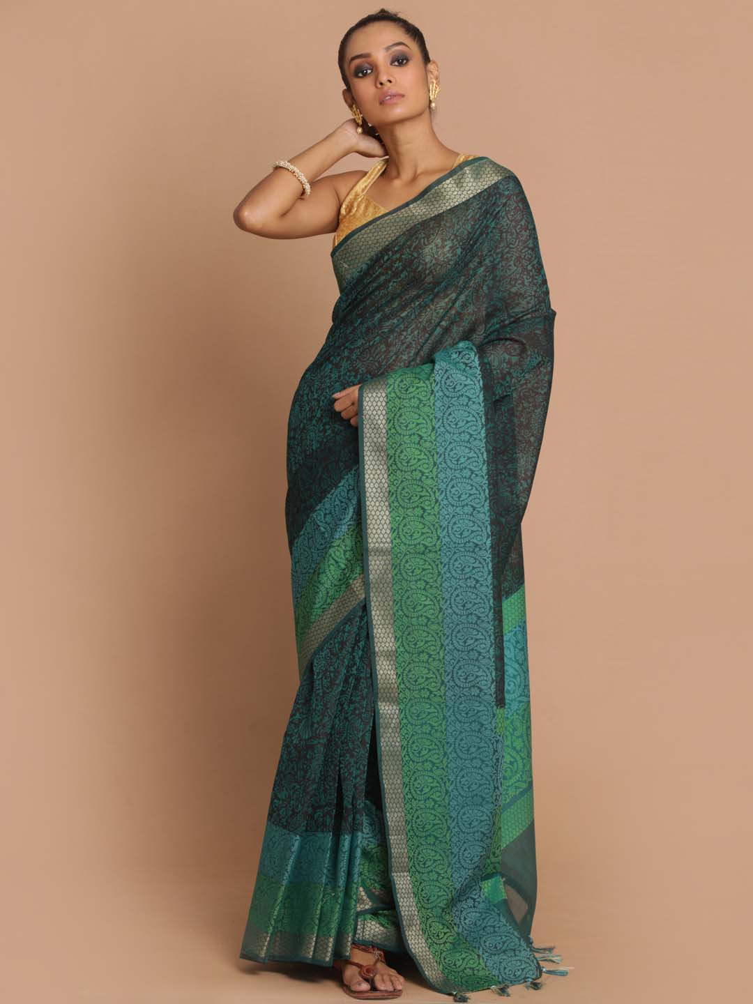 Indethnic Banarasi Green Printed Daily Wear Saree - View 1