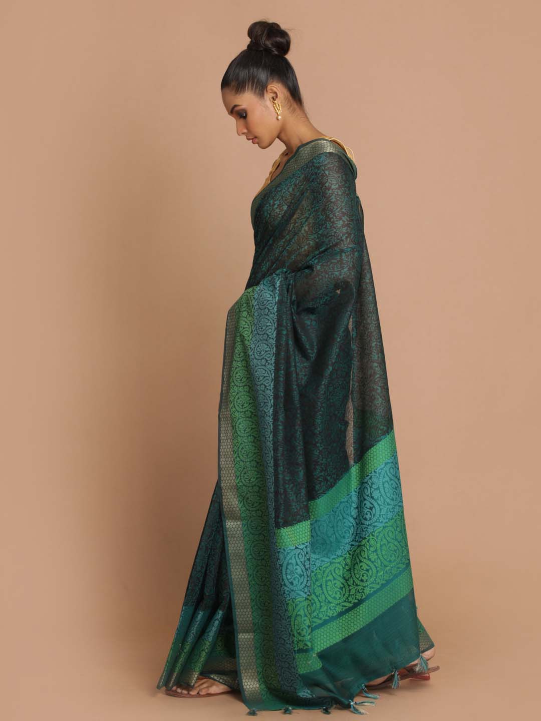 Indethnic Banarasi Green Printed Daily Wear Saree - View 2