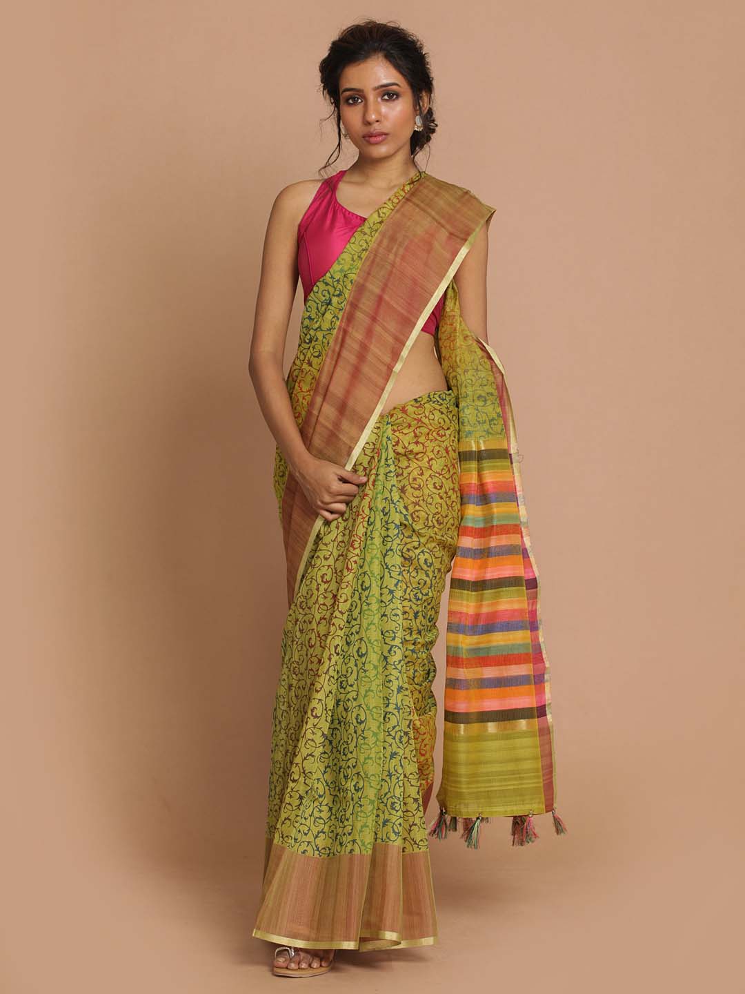 Indethnic Banarasi Green Printed Daily Wear Saree - View 1