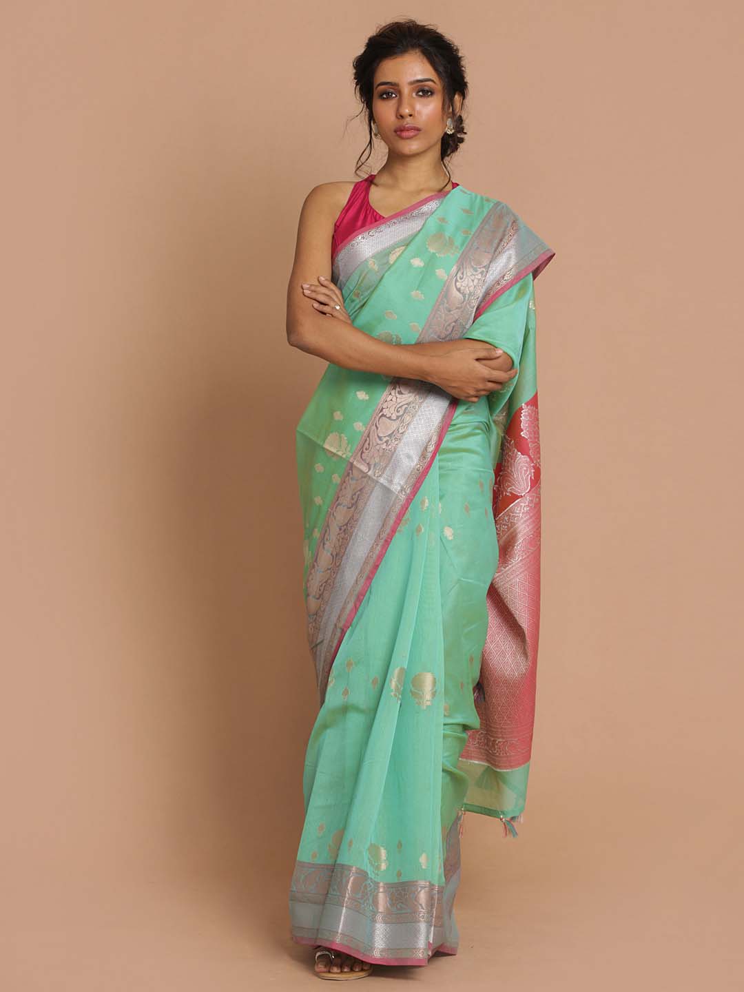 Indethnic Banarasi Green Woven Design Daily Wear Saree - View 1