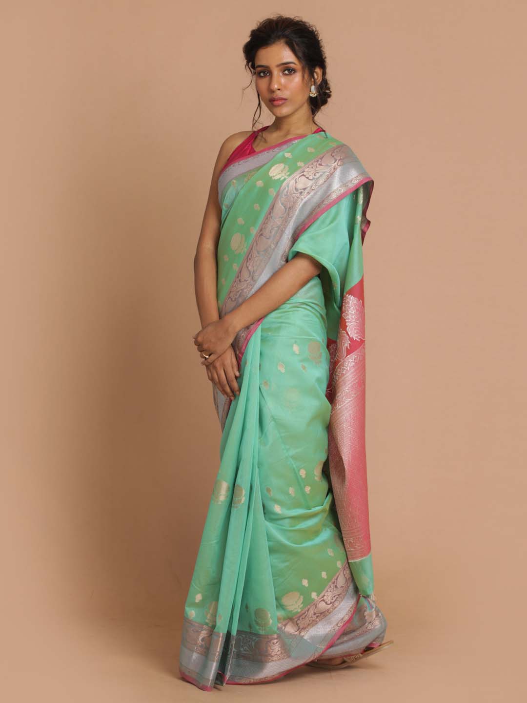 Indethnic Banarasi Green Woven Design Daily Wear Saree - View 2