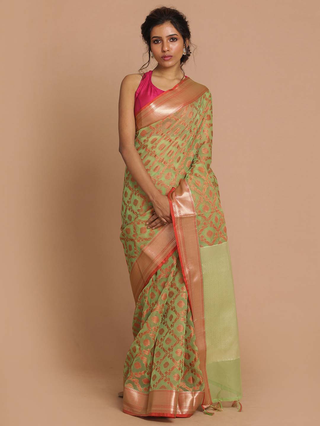 Indethnic Banarasi Green Woven Design Party Wear Saree - View 1