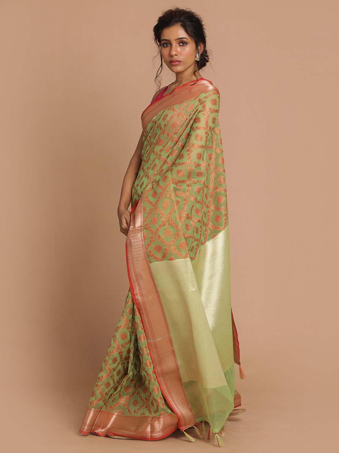 Indethnic Banarasi Green Woven Design Party Wear Saree - View 2