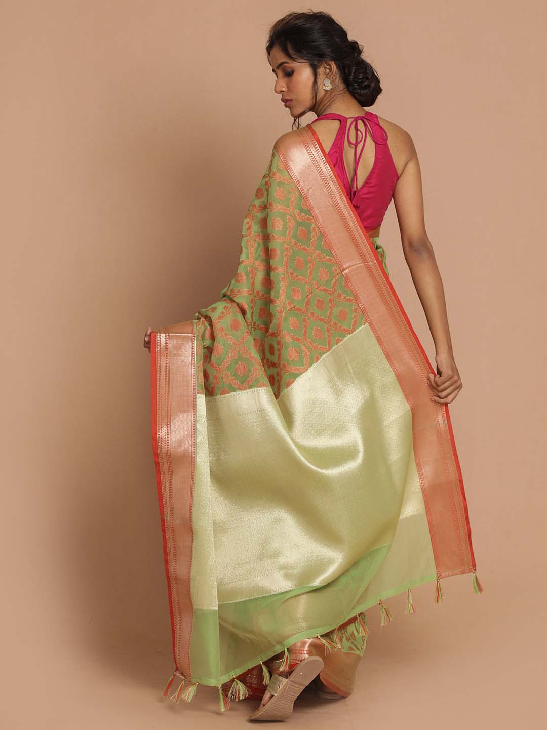 Indethnic Banarasi Green Woven Design Party Wear Saree - View 3