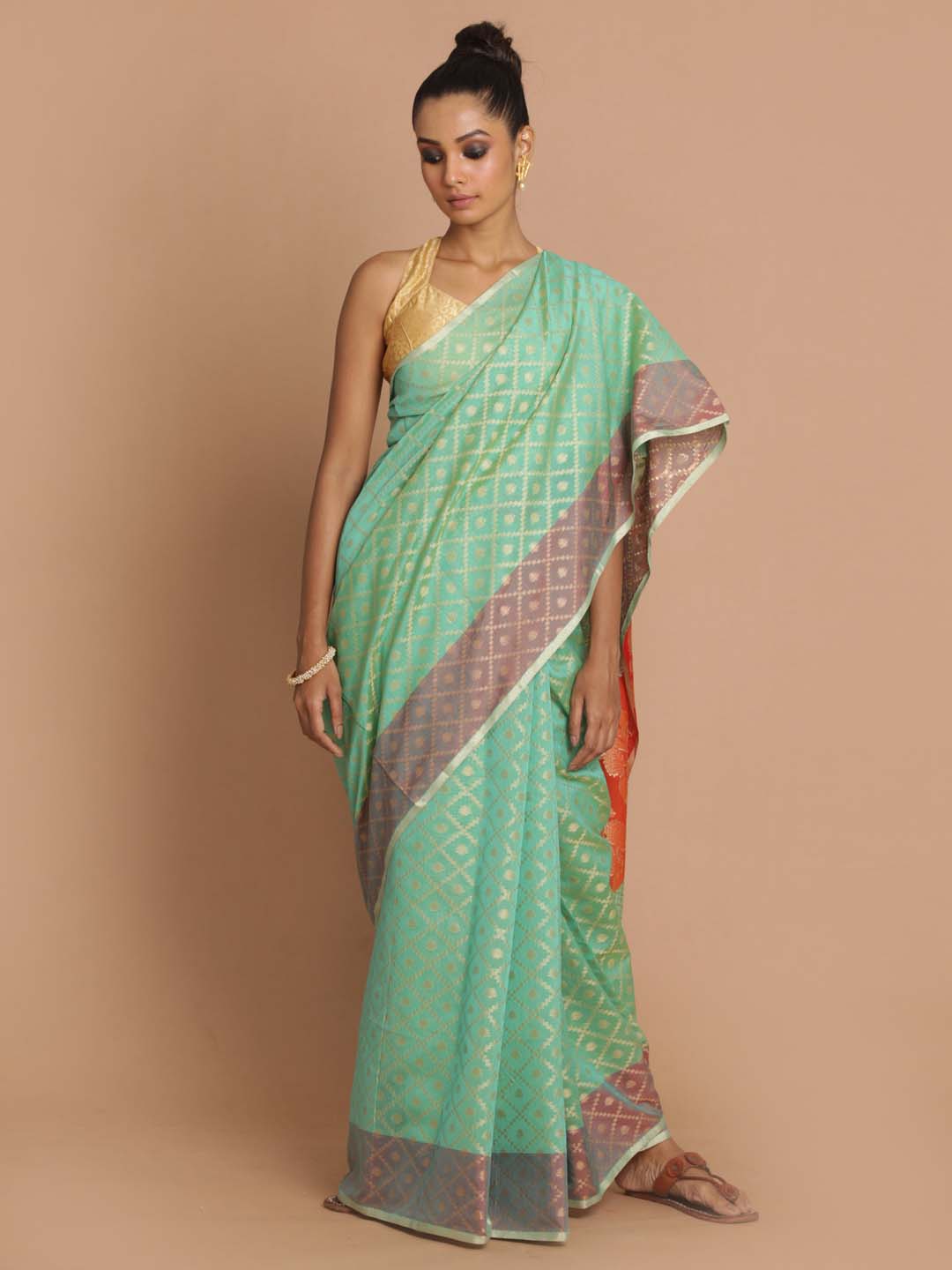 Indethnic Banarasi Green Woven Design Party Wear Saree - View 1