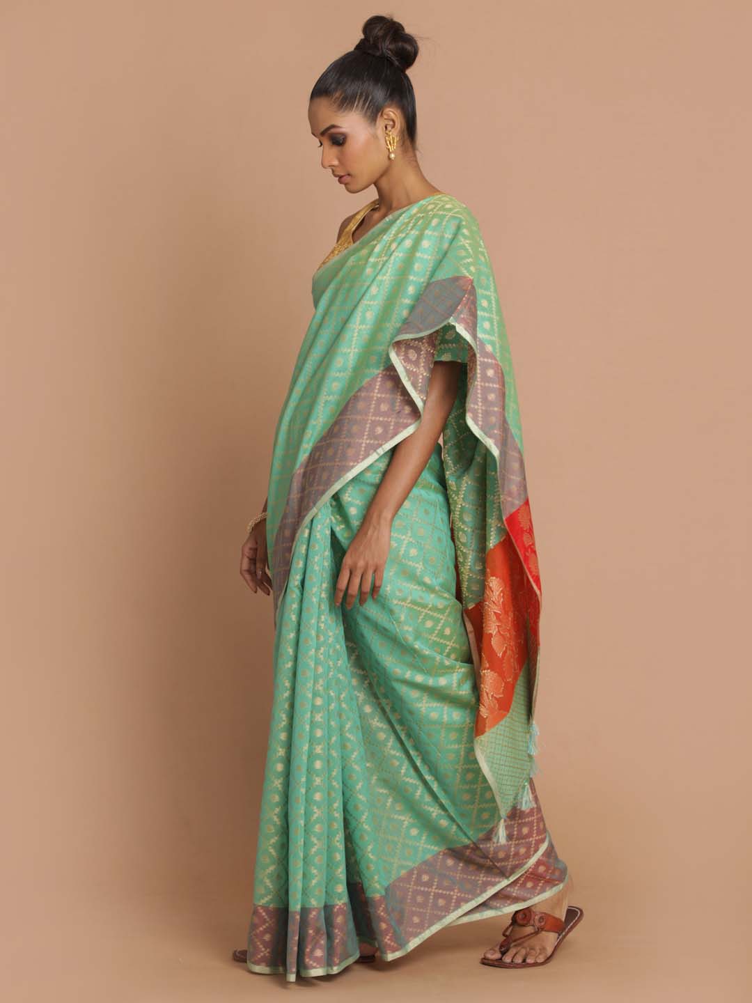 Indethnic Banarasi Green Woven Design Party Wear Saree - View 2