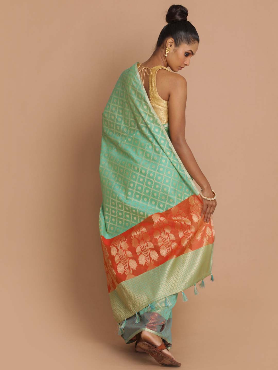 Indethnic Banarasi Green Woven Design Party Wear Saree - View 3