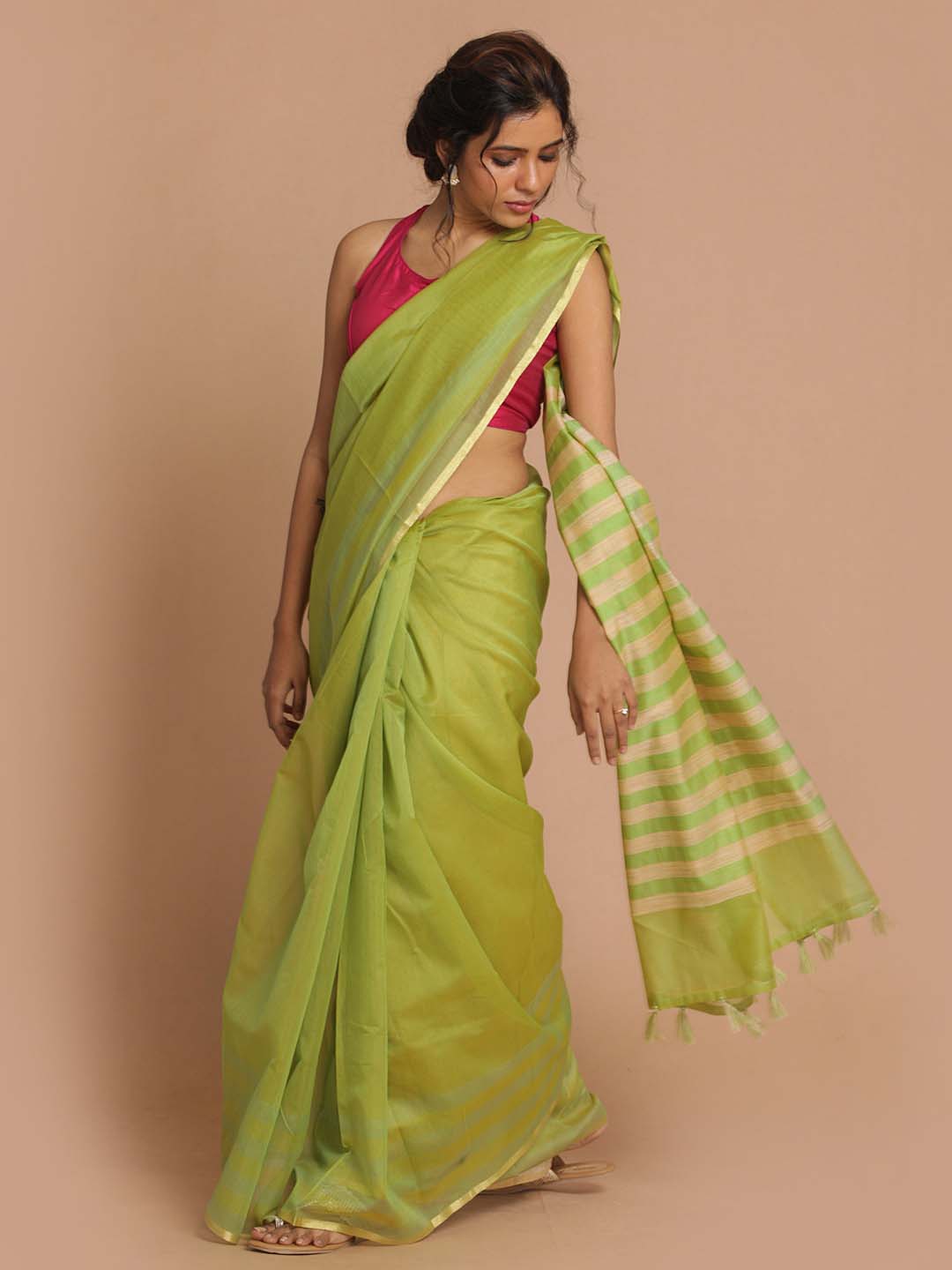 Indethnic Banarasi Lime Green Solid Daily Wear Saree - View 1