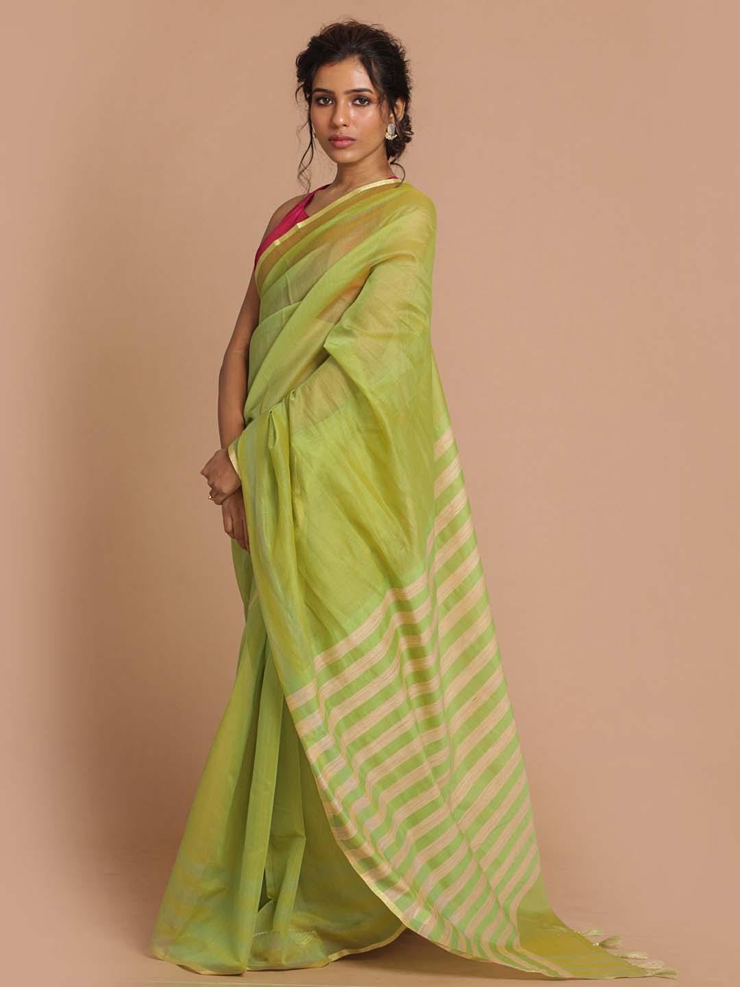 Indethnic Banarasi Lime Green Solid Daily Wear Saree - View 2