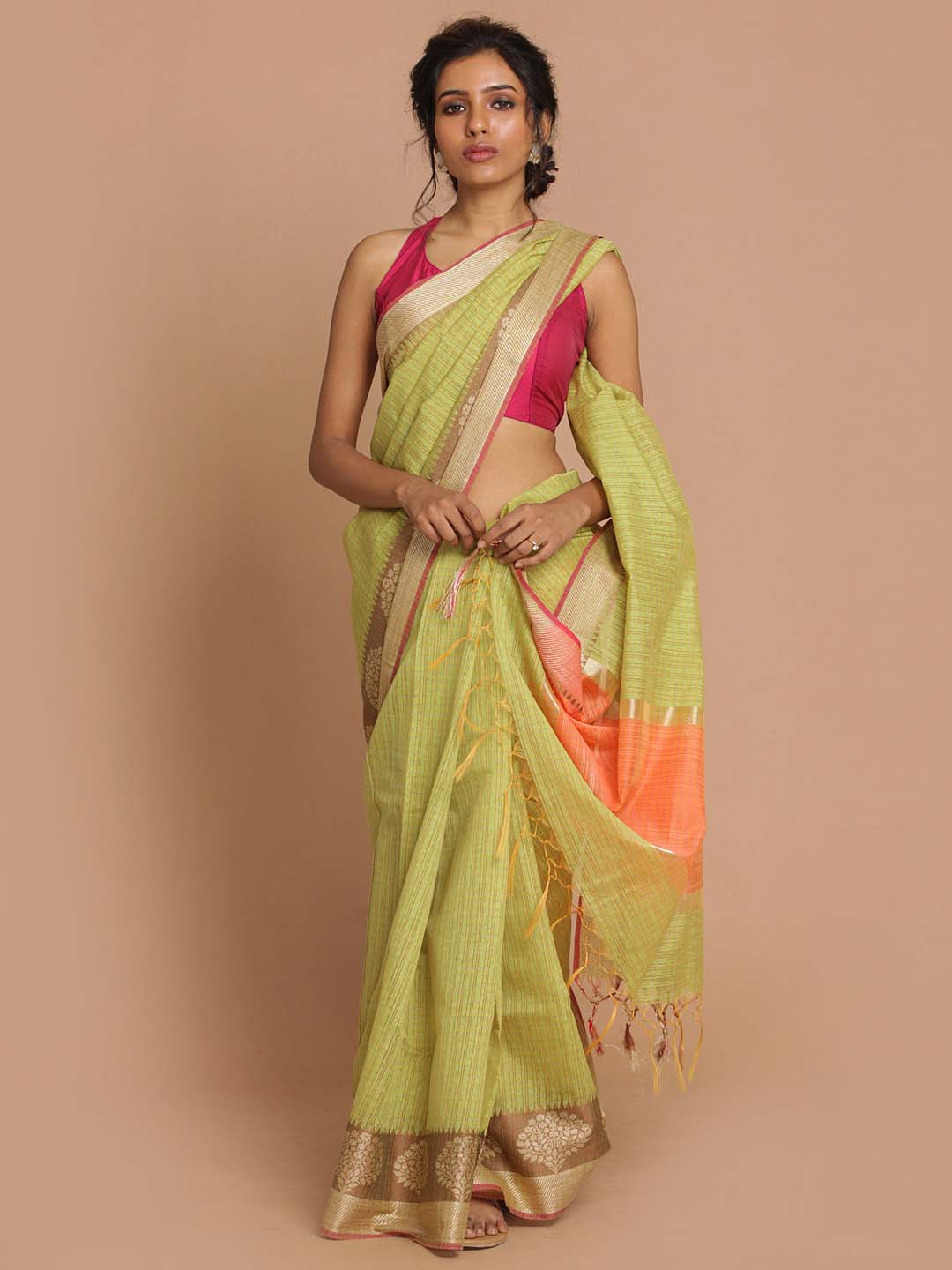 Indethnic Banarasi Lime Green Checked Daily Wear Saree - View 1