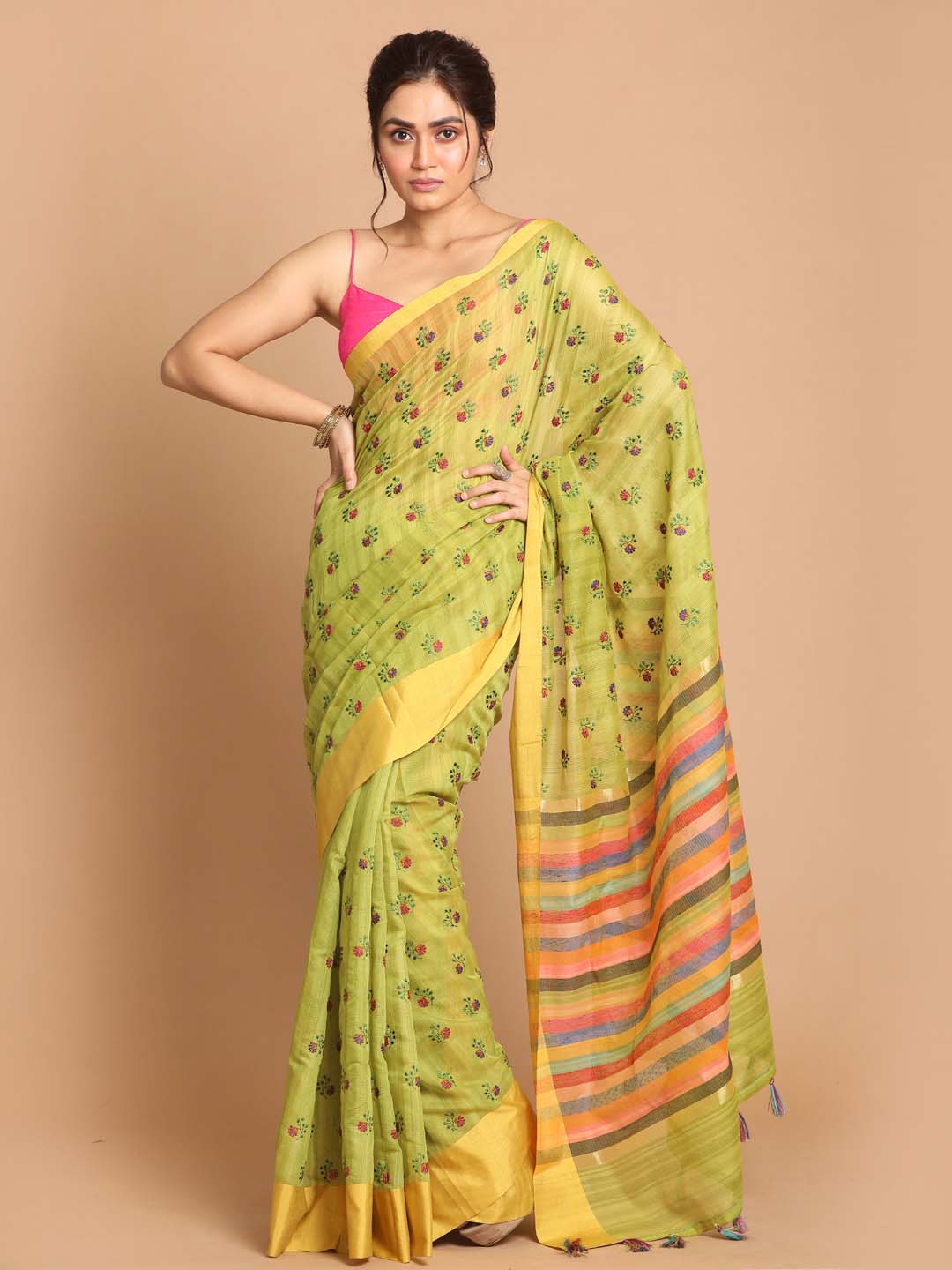 Indethnic Banarasi Lime Green Embroidered Daily Wear Saree - View 1