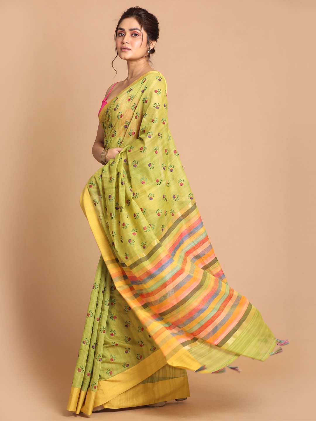 Indethnic Banarasi Lime Green Embroidered Daily Wear Saree - View 1
