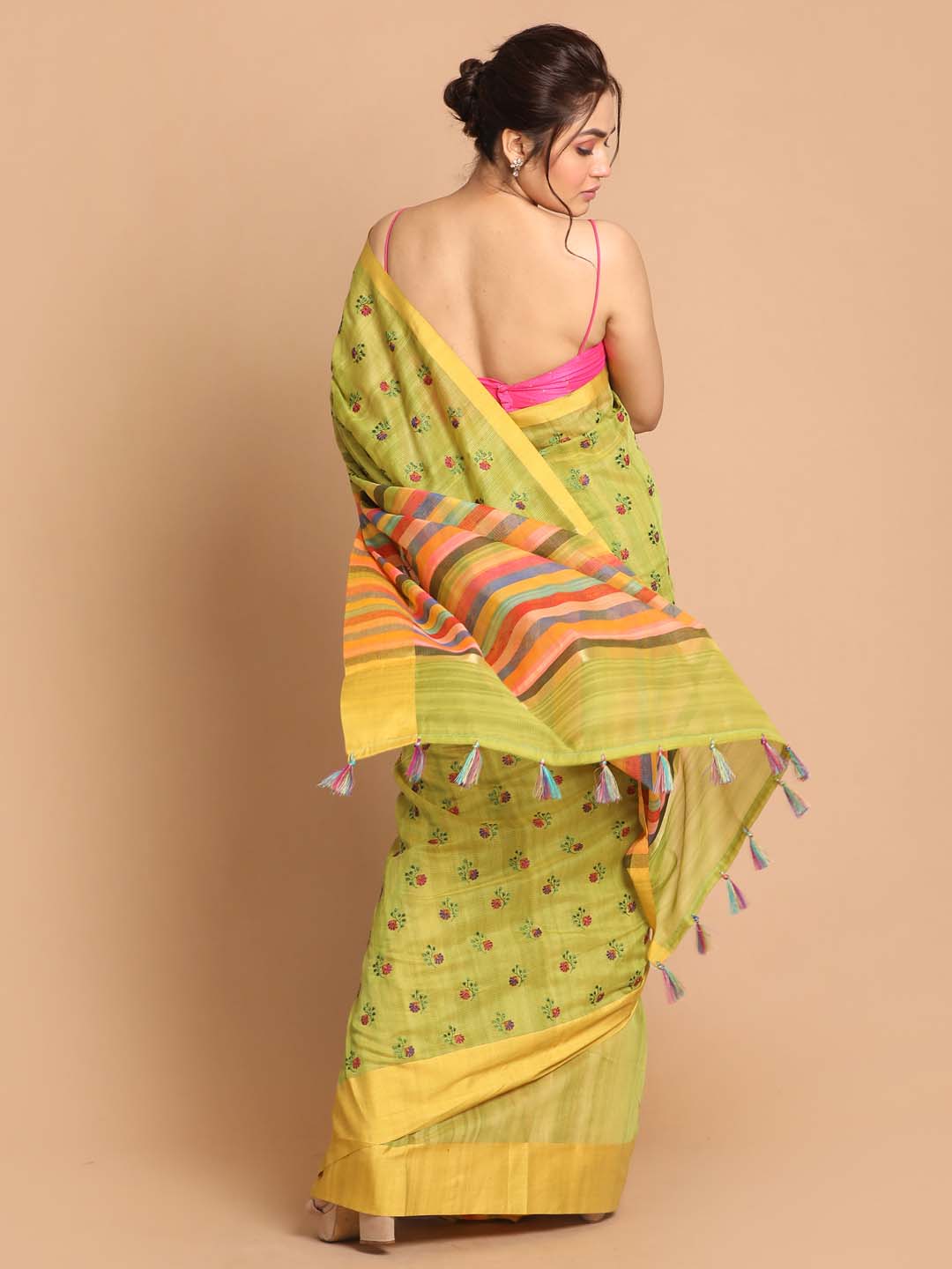 Indethnic Banarasi Lime Green Embroidered Daily Wear Saree - View 3